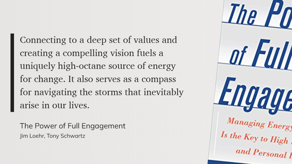 The Power of Full Engagement - Connecting a deep set of values TO create a compelling vision fuels a source of energy for change. Its a compass navigating storms that arise in our lives.